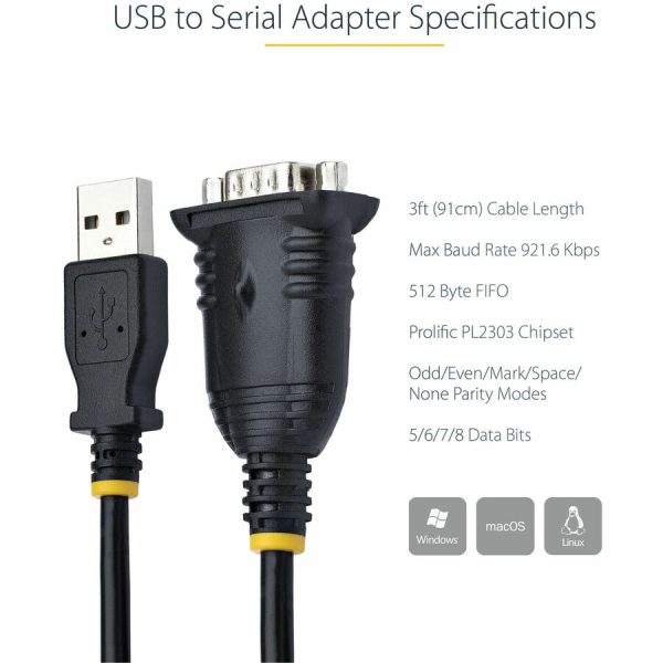 StarTech.com 3ft (1m) USB to Serial Cable, DB9 Male RS232 to USB Converter, USB to Serial Adapter, COM Port Adapter with Prolific IC - Image 9