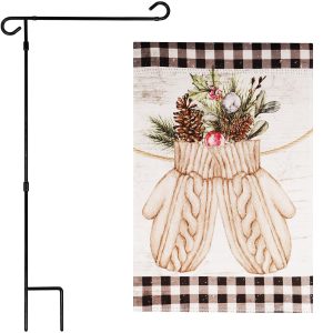 G128 Combo Pack: Garden Flag Stand Black 36 in x 16 in & Garden Flag Winter Decoration Mittens with Evergreen Arrangement 12"x18" Double-Sided Blockout Fabric