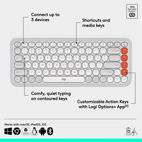 Logitech POP ICON KEYS Wireless Bluetooth Keyboard, Comfortable Typing, Programmable Keys, Easy-Switch Between up to 3 Devices (Off-white & Orange) - Image 6