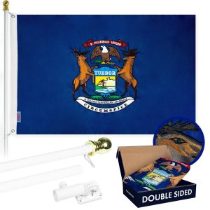 G128 - 6 Feet Tangle Free Spinning Flagpole (White) Michigan Double Sided Brass Grommets Embroidered 3x5 ft (Flag Included) Aluminum Flag Pole