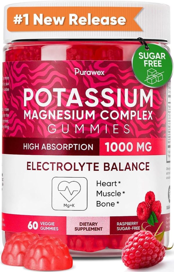 Potassium Magnesium Complex Gummies for Women and Men, High Absorption Potassium Citrate Supplement for Hydration, Muscle & Heart Health Support, Raspberry Flavor, Sugar-Free, 60 Veggie Gummies