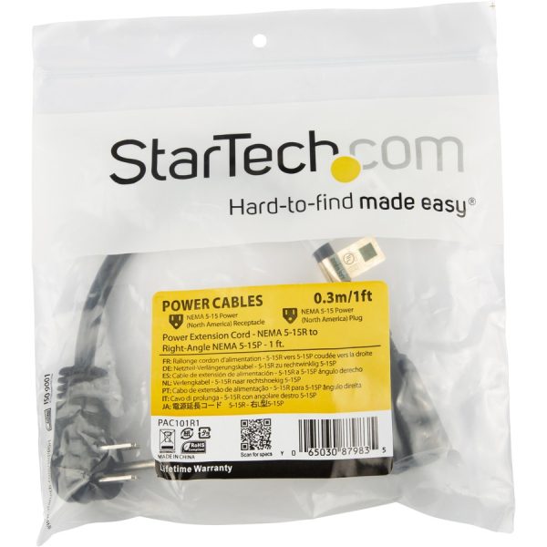 StarTech.com 1ft (0.3m) Power Extension Cord, Right Angle NEMA 5-15P to NEMA 5-15R, 13A 125V, 16AWG, Black, Outlet Extension Cable - Image 5