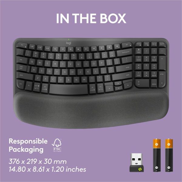 Logitech Wave Keys Wireless Ergonomic Keyboard with Cushioned Palm Rest, Comfortable Natural Typing, Graphite - Image 3