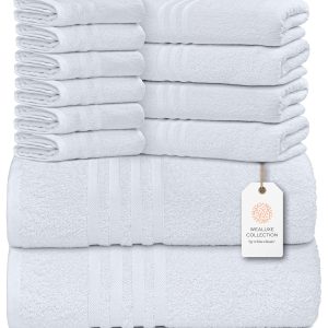 Wealuxe 12 Piece Bath Towel Set for Bathroom   2 Bath Towels 4 Hand Towels 6 Washcloths 100% Cotton Soft and Plush Highly Absorbent Soft Towel for Hotel & Spa   White
