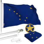 G128 Combo Pack: 5 Ft Tangle Free Spinning Flagpole (Silver) & Alaska Flag 2x3 Ft Embroidered 220GSM Spun Polyester, Brass Grommets (Flag Included) Aluminum Flag Pole