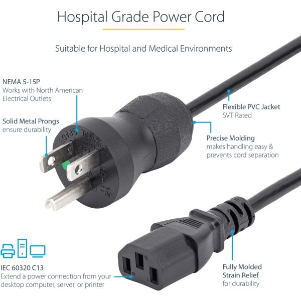 StarTech.com 6ft (2m) Hospital Grade Power Cord, 18AWG, NEMA 5-15P to C13, 10A 125V, Green Dot Medical Power Cable, Monitor Power Cable - Image 9