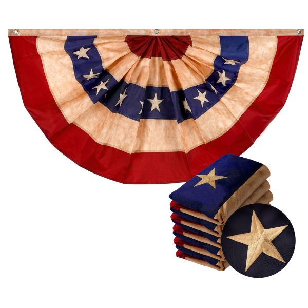 G128 - 5 Pack: USA Tea Stained Pleated Fan Flag 2x4FT Embroidered Polyester Stars and Stripes