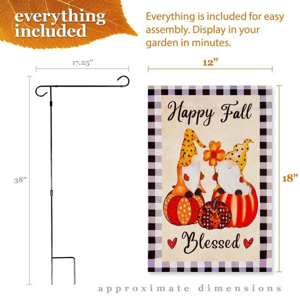 G128 Combo Pack: Garden Flag Stand Black 36 in x 16 in & Garden Flag Fall Decoration Happy Fall Blessed Two Gnomes Sitting on Pumpkins 12"x18" Double-Sided Blockout Fabric - Image 9