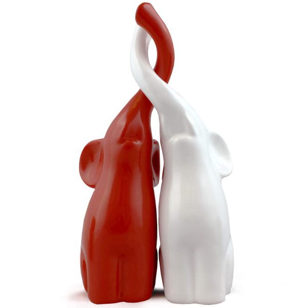 Pair of Elephants Polystone Figurine Sculpture Statue Collectible Art 25 cm (White red)