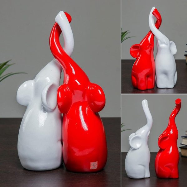 Pair of Elephants Polystone Figurine Sculpture Statue Collectible Art 25 cm (White red) - Image 2