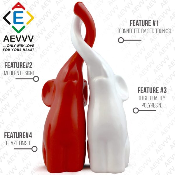 Pair of Elephants Polystone Figurine Sculpture Statue Collectible Art 25 cm (White red) - Image 4