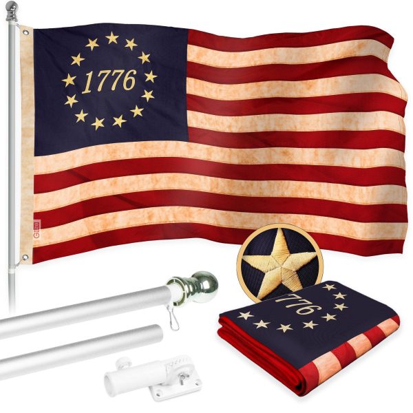 G128 Combo Pack: 5 Ft Tangle Free Aluminum Spinning Flagpole (Silver) & Betsy Ross 1776 Tea-Stained Flag 2.5x4 Ft, ToughWeave Pro Series Embroidered 420D Polyester | Pole with Flag Included
