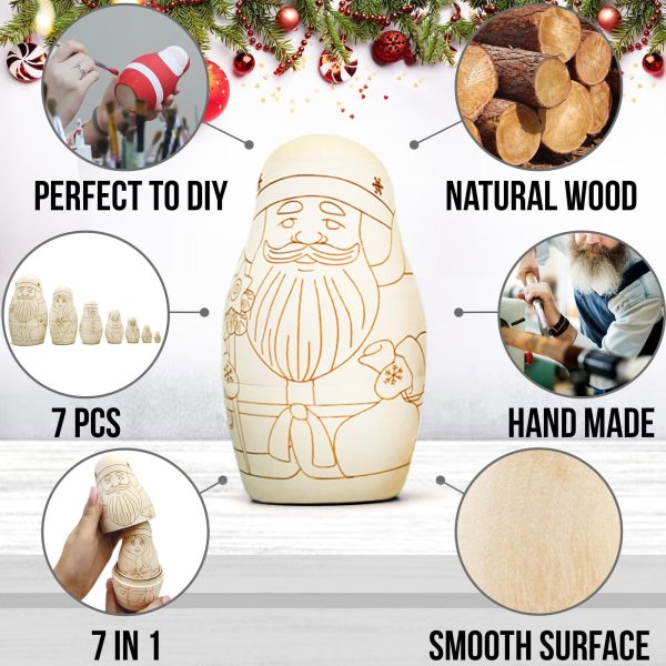 AEVVV Unfinished Russian Christmas Crafts Set 7 pcs   Unpainted Christmas Nesting Dolls Blank   Paint Your Own Matryoshka Father Frost Snow Maiden Snowman - Image 3