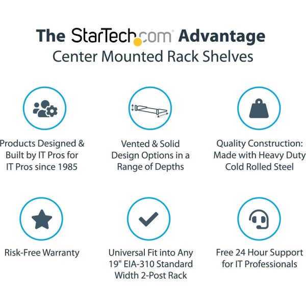 StarTech.com 2U Vented Server Rack Shelf - Center Mount Fixed 14" Deep Cantilever Rackmount Tray for 19" Data/AV/Network w/Cage Nuts - Image 2