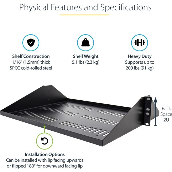StarTech.com 2U Vented Server Rack Shelf - Center Mount Fixed 14" Deep Cantilever Rackmount Tray for 19" Data/AV/Network w/Cage Nuts - Image 3