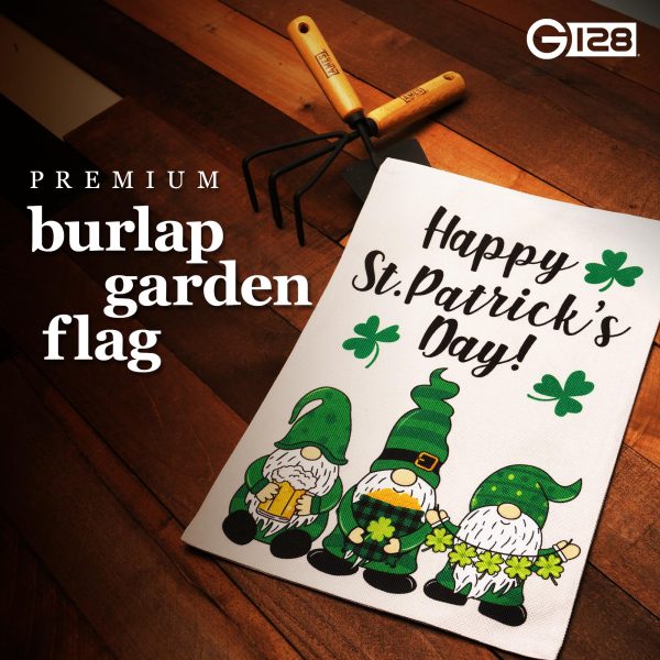 G128 Garden Flag Happy St. Patrick's Day Three Leprechaun Gnomes 12"x18" Burlap Fabric - Image 2