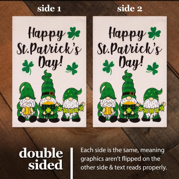 G128 Garden Flag Happy St. Patrick's Day Three Leprechaun Gnomes 12"x18" Burlap Fabric - Image 3