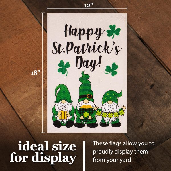 G128 Garden Flag Happy St. Patrick's Day Three Leprechaun Gnomes 12"x18" Burlap Fabric - Image 4