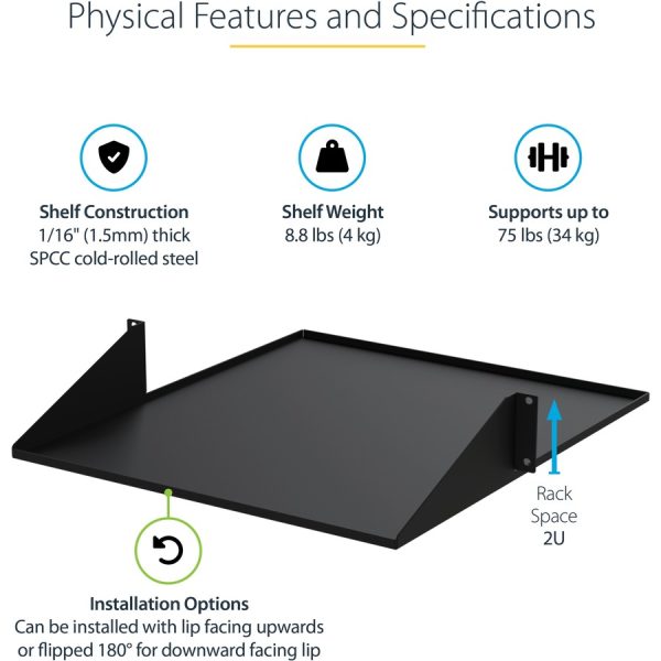 StarTech.com 2U 19" 2-Post Network Rack Shelf 20in Deep Center Mount Cantilever Tray Rackmount for AV/Data Equipment 75lb Capacity - Image 3