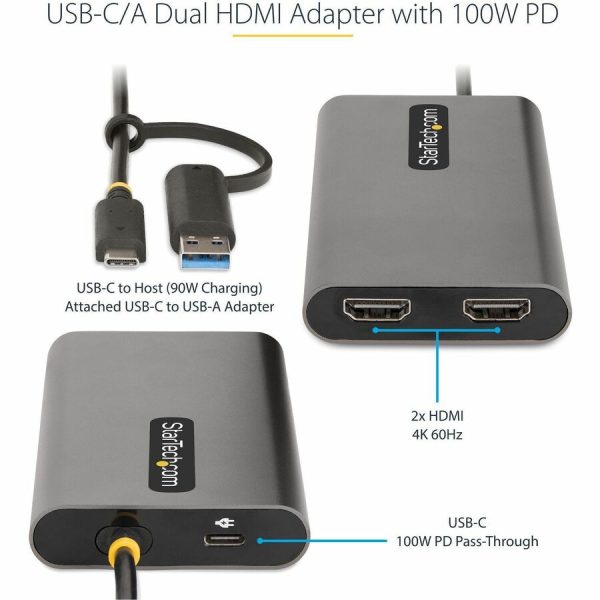 StarTech.com USB-C to Dual-HDMI Adapter, USB-C/A to 2x HDMI, 4K 60Hz, 100W PD Pass-Through, 1ft/30cm Built-in Cable, USB to HDMI Converter - Image 3