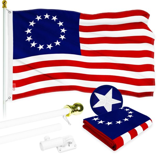G128 Combo Pack: 5 Ft Tangle Free Aluminum Spinning Flagpole (White) & Betsy Ross Flag 2.5x4 Ft, ToughWeave Series Embroidered 300D Polyester | Pole with Flag Included