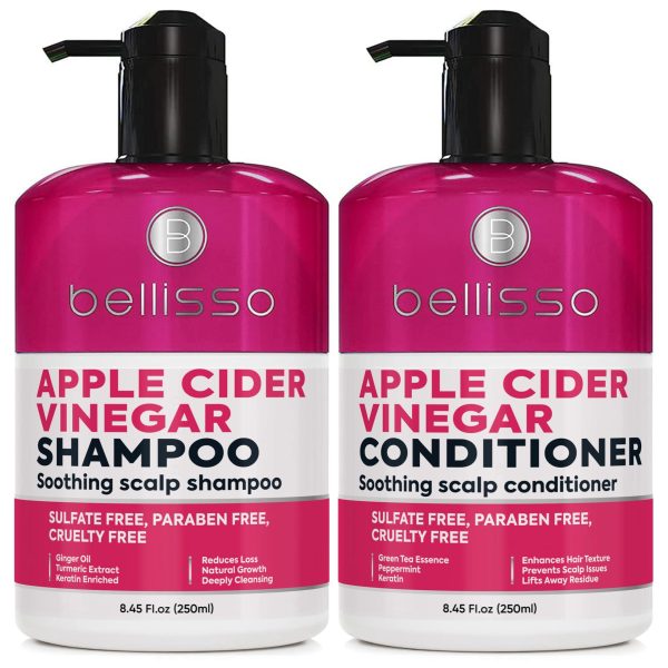 Apple Cider Vinegar Shampoo and Conditioner Set   Sulfate and Paraben Free Anti Dandruff Soothing Scalp Treatment with Biotin Keratin Avocado Coconut Argan Oil Men and Women 2 x 8 Fl Oz