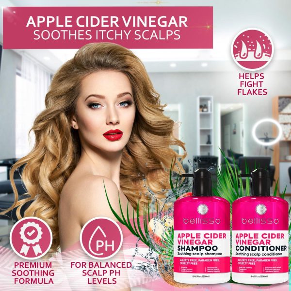 Apple Cider Vinegar Shampoo and Conditioner Set   Sulfate and Paraben Free Anti Dandruff Soothing Scalp Treatment with Biotin Keratin Avocado Coconut Argan Oil Men and Women 2 x 8 Fl Oz - Image 2