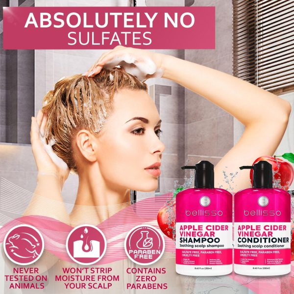 Apple Cider Vinegar Shampoo and Conditioner Set   Sulfate and Paraben Free Anti Dandruff Soothing Scalp Treatment with Biotin Keratin Avocado Coconut Argan Oil Men and Women 2 x 8 Fl Oz - Image 4