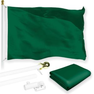 G128 Combo Pack: 5 Ft Tangle Free Aluminum Spinning Flagpole (White) & Solid Dark Green Color Flag 2x3 Ft, LiteWeave Pro Series Printed 150D Polyester | Pole with Flag Included