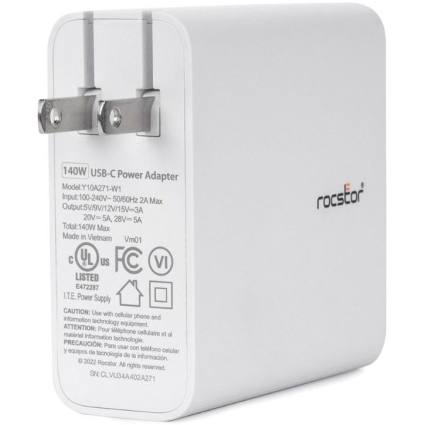 Rocstor 140W Smart USB-C™ Power Adapter AC Charger. Compatible with Apple® MacBook®, MacBook Air®, MacBook Pro® with Thunderbolt 3/4 (87W & 96W), MacBook Pro® 13" (61 & 67W), MacBook Pro® 14" 2021 and higher, MacBook Pro® 16" 2019, 2021 and higher. Chromebook®, Microsoft® Surface®, HP®, Lenovo® & Dell® Tablet & Laptop. Compatible with any USB-C-enabled Laptop device up to 140W - UL & FCC/CE Certified - GaN technology - White - Image 3