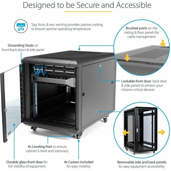StarTech.com 12U 36in Knock-Down Server Rack Cabinet with Casters - Image 3