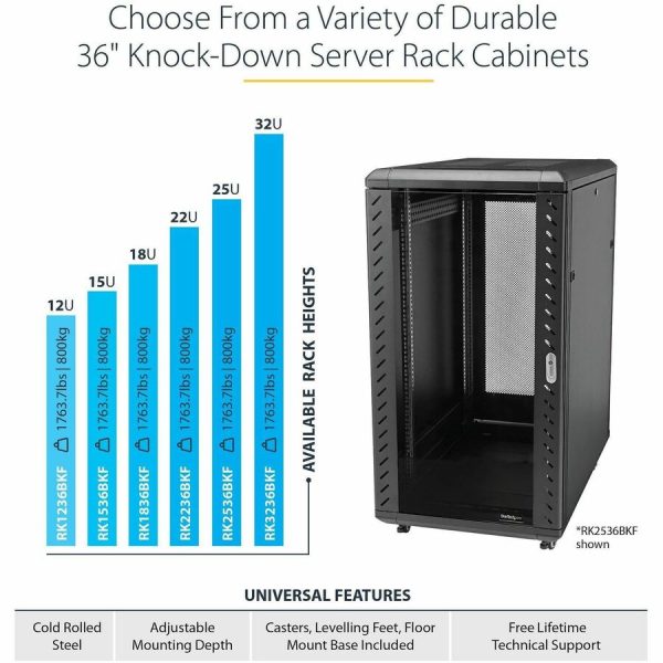 StarTech.com 12U 36in Knock-Down Server Rack Cabinet with Casters - Image 4