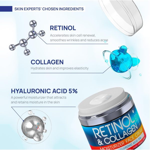 Retinol Cream for Face   Collagen and Retinol Moisturizer with Hyaluronic Acid Day Night Anti Aging Retinol Face Moisturizer for Women Men Collagen Cream for Face Reduces Wrinkles Dryness 1.85 Oz - Image 3