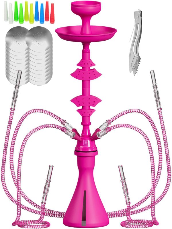 4 Hose Hookah set with everything   Pink Hookah 4 Hose Set – Pink Mini Hookah Party Set   Hookah Set 4 Hose with 50x Foil Big Silicone Bowl 10x Tips 4x Mouthpiece 4x Hookah Hose Tongs   Hookah Kit