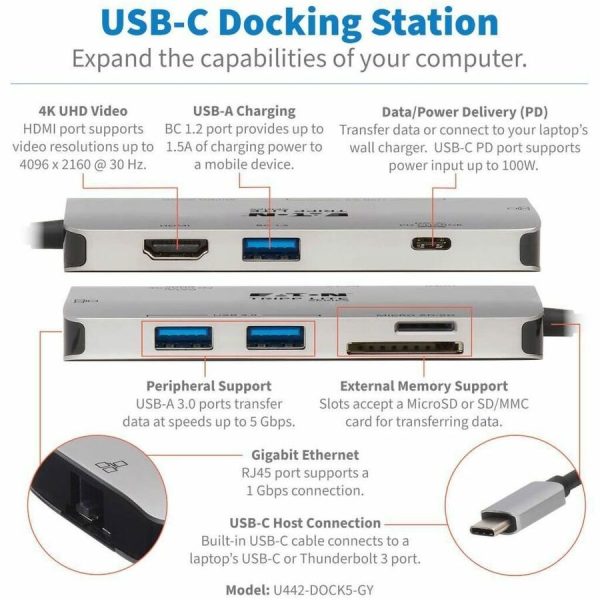 Eaton Tripp Lite Series USB-C Dock - 4K HDMI, USB 3.x (5Gbps), USB-A/C Hub Ports, GbE, Memory Card, 100W PD Charging - Image 2