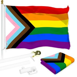 G128 Combo Pack: 6 Ft Tangle Free Aluminum Spinning Flagpole (White) & LGBT Progress Rainbow Pride Flag 3x5 Ft, LiteWeave Pro Series Printed 150D Polyester | Pole with Flag Included