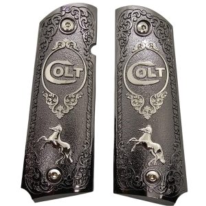 Full Size 1911 Metal Grips Panels Black with Nickel Accents Rampant Horse Design Compatible with Colt 1911 Government Models and Clones