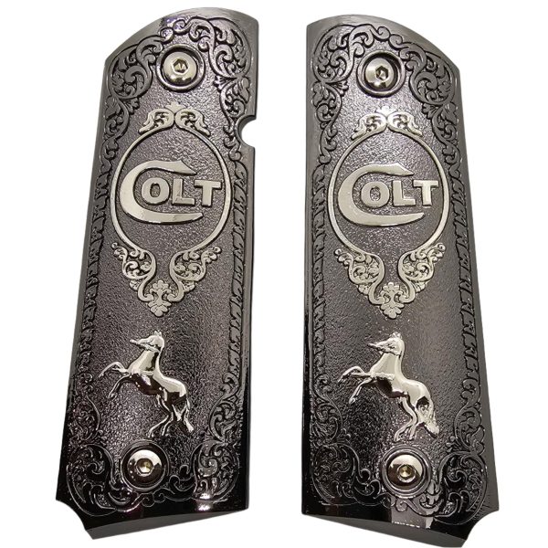 Full Size 1911 Metal Grips Panels Black with Nickel Accents Rampant Horse Design Compatible with Colt 1911 Government Models and Clones