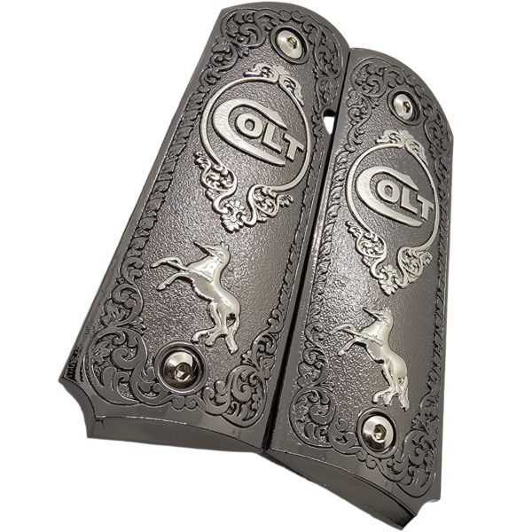Full Size 1911 Metal Grips Panels Black with Nickel Accents Rampant Horse Design Compatible with Colt 1911 Government Models and Clones - Image 2