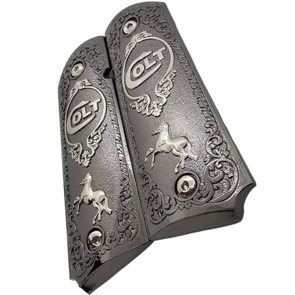 Full Size 1911 Metal Grips Panels Black with Nickel Accents Rampant Horse Design Compatible with Colt 1911 Government Models and Clones - Image 3