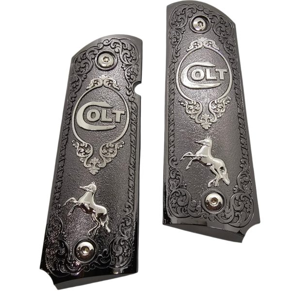Full Size 1911 Metal Grips Panels Black with Nickel Accents Rampant Horse Design Compatible with Colt 1911 Government Models and Clones - Image 5