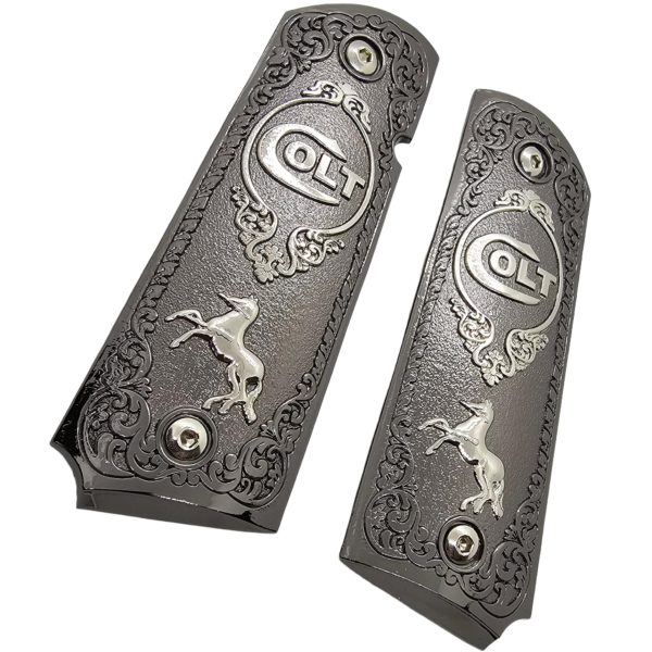 Full Size 1911 Metal Grips Panels Black with Nickel Accents Rampant Horse Design Compatible with Colt 1911 Government Models and Clones - Image 6