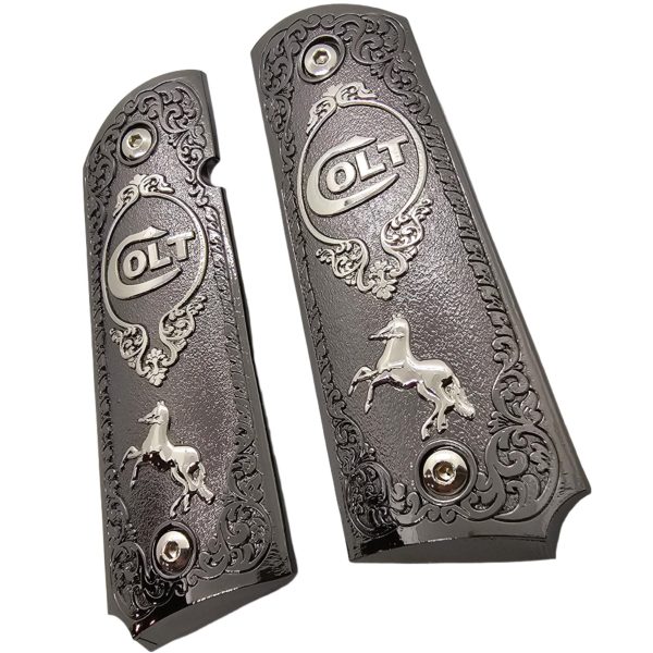 Full Size 1911 Metal Grips Panels Black with Nickel Accents Rampant Horse Design Compatible with Colt 1911 Government Models and Clones - Image 7