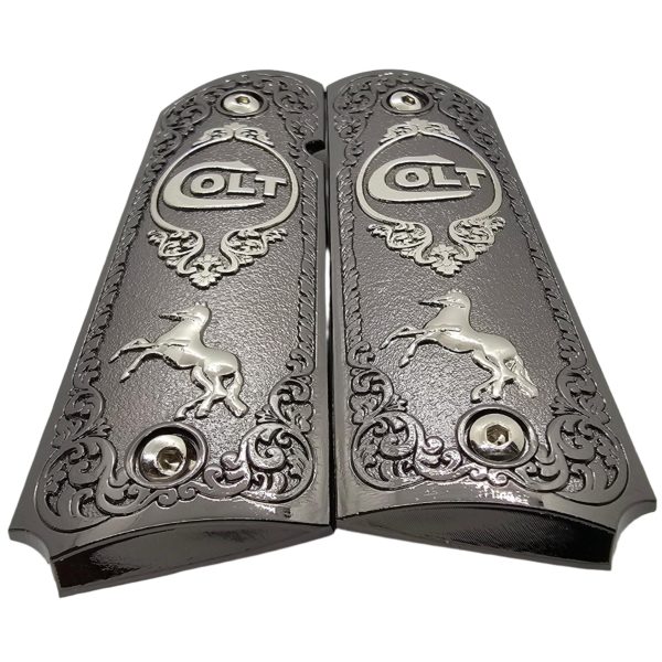 Full Size 1911 Metal Grips Panels Black with Nickel Accents Rampant Horse Design Compatible with Colt 1911 Government Models and Clones - Image 8