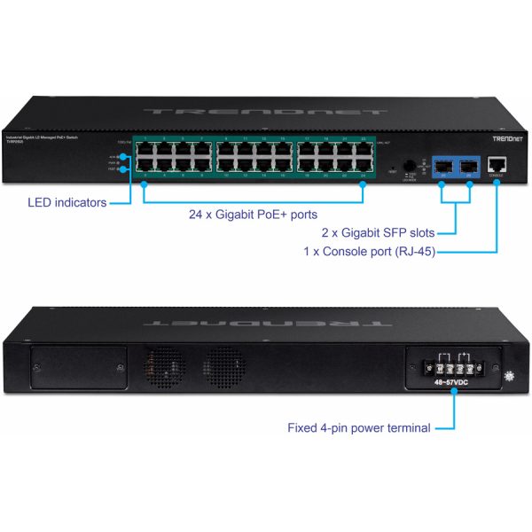 TRENDnet 26-Port Industrial Gigabit L2 Managed PoE+ Switch, TI-RP262i, 1U 19" Rackmount, 24 x Gigabit PoE+ Ports, 2 x SFP Slots (100/1000Base-FX), IP30, VLAN, QoS, 685W PoE Power Budget, Fanless - Image 4