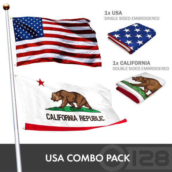 G128 COMBO PACK: American Flag Single Sided 3x5 Ft & California State Flag Double Sided 3x5 Ft, Both Embroidered Polyester - Image 2