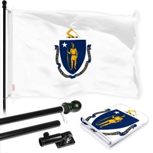 G128 Combo Pack: 6 Ft Tangle Free Spinning Flagpole (Black) & Massachusetts Flag 3x5 Ft Printed 150D Polyester, Brass Grommets (Flag Included) Aluminum Flag Pole