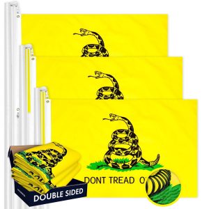 G128 3 Pack: Gadsden Don't Tread On Me Flag | 16x24 In | Double ToughWeave Series Double Sided Embroidered 210D Poly | Historical Flag, Embroidered Design, Brass Grommets, Heavy Duty, 3-ply