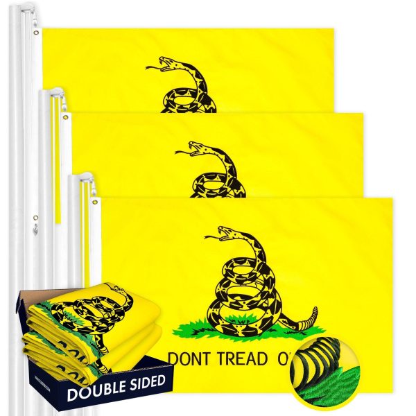 G128 3 Pack: Gadsden Don't Tread On Me Flag | 16x24 In | Double ToughWeave Series Double Sided Embroidered 210D Poly | Historical Flag, Embroidered Design, Brass Grommets, Heavy Duty, 3-ply