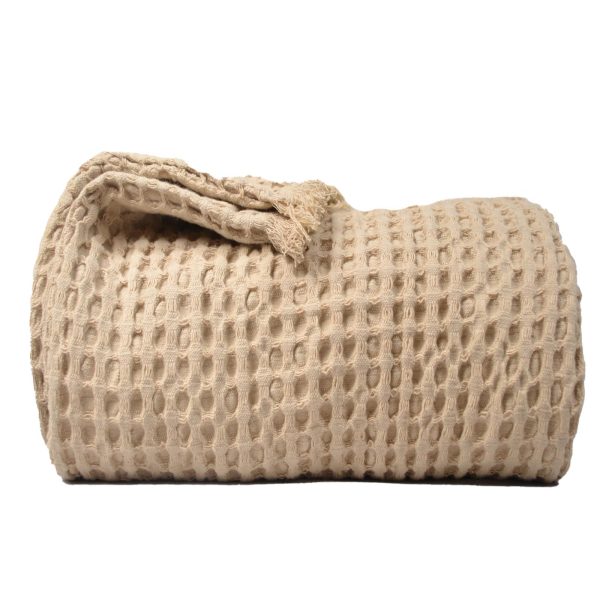 The Fine Living Co. 100% Cotton Waffle Weave Throw Blanket   Lightweight Soft and Breathable Throw Blanket for All Season  Skin Friendly Blanket for Couch Bed Sofa  50”x60” inches Sand
